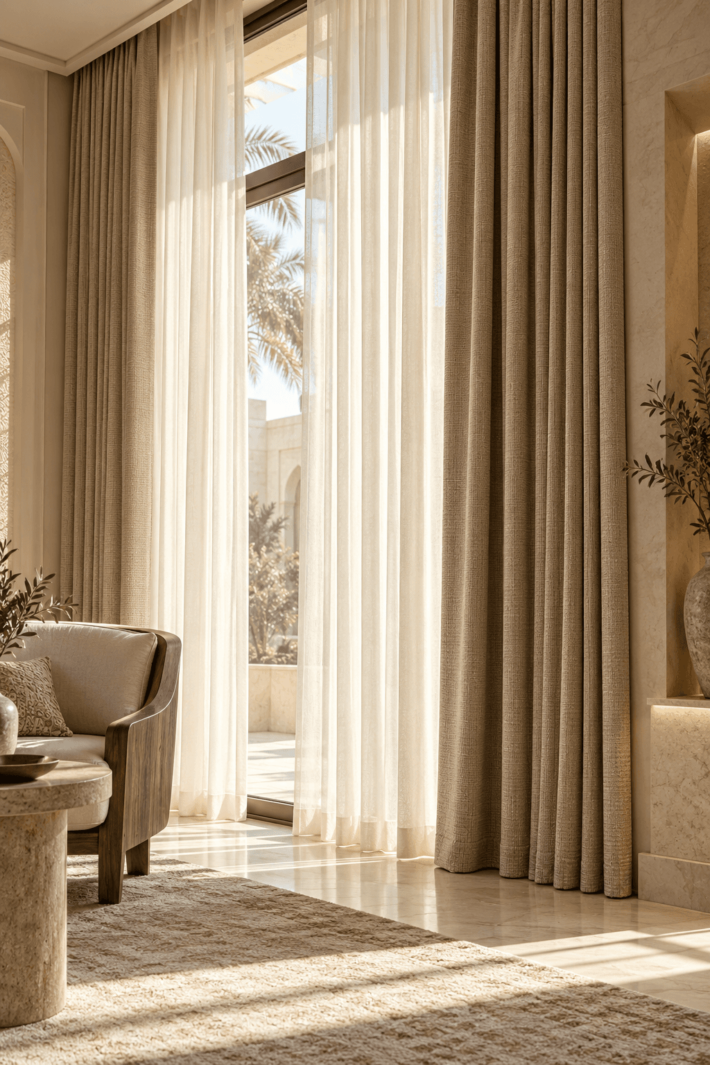 Layered curtains in a sunlit room